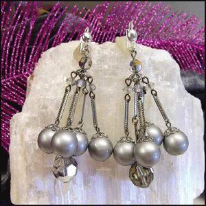 1950s Great Grey Pearl Crystal Chandelier Vintage Pierced Earrings